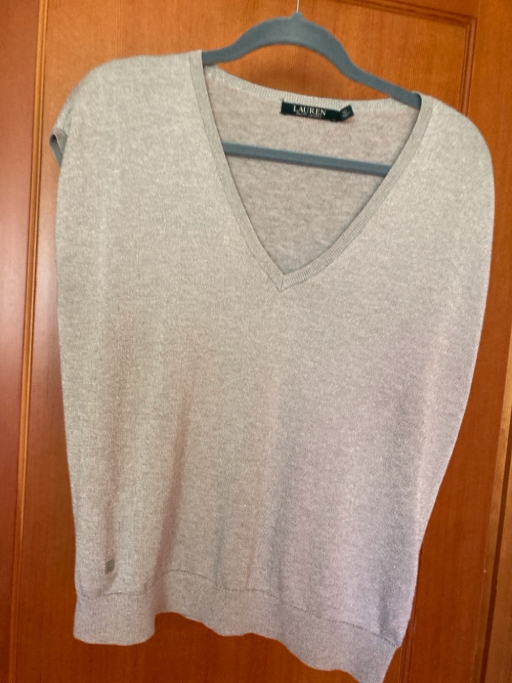 Lauren Ralph Lauren Silver Metallic V Neck Sweater Cap Sleeve Size M